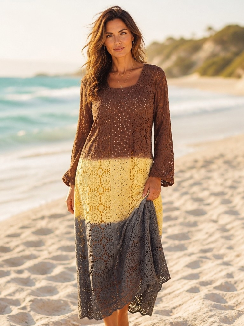 Ombre Crochet Midi Dress in Brown, Yellow & Gray